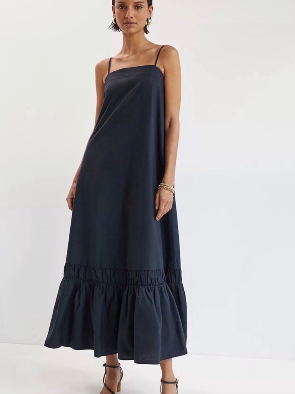 Maeve Flounced Maxi Dress Anthropologie Adjustable Straps Pockets Square Neck L